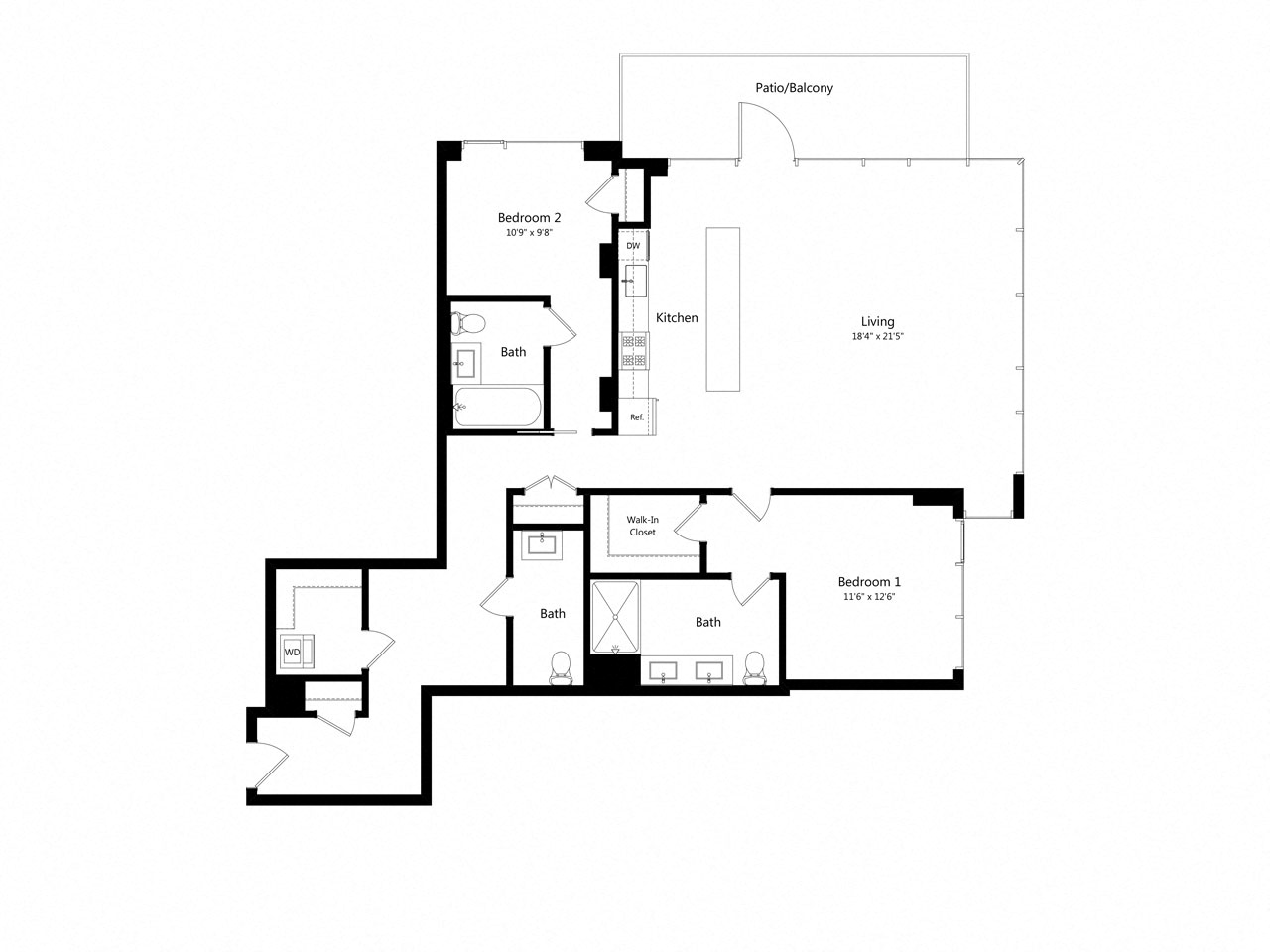 Floor plan for 2 beds, 2.5 baths, 1528 sqft